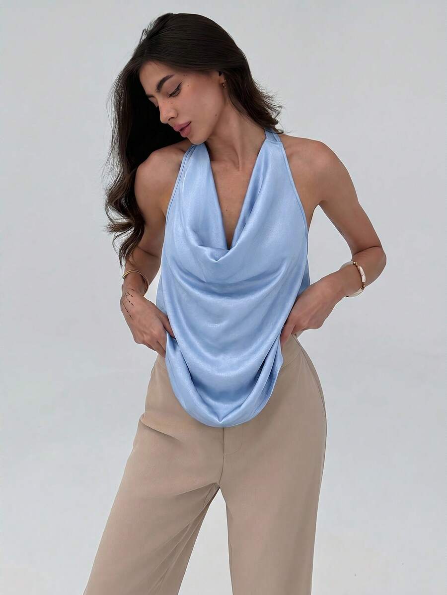 Aloruh Atasan Cami Bodycon Minimalis Model Halter Chic dengan Leher V Dalam untuk Wanita, Atasan Musim Panas - Baby Blue - View 1