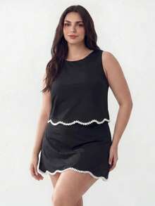 Solavibe Bộ đồ đôi nữ cỡ lớn gồm áo tank top cổ tròn và chân váy ngắn, kiểu dáng thường ngày. - màu đen - Xem 5