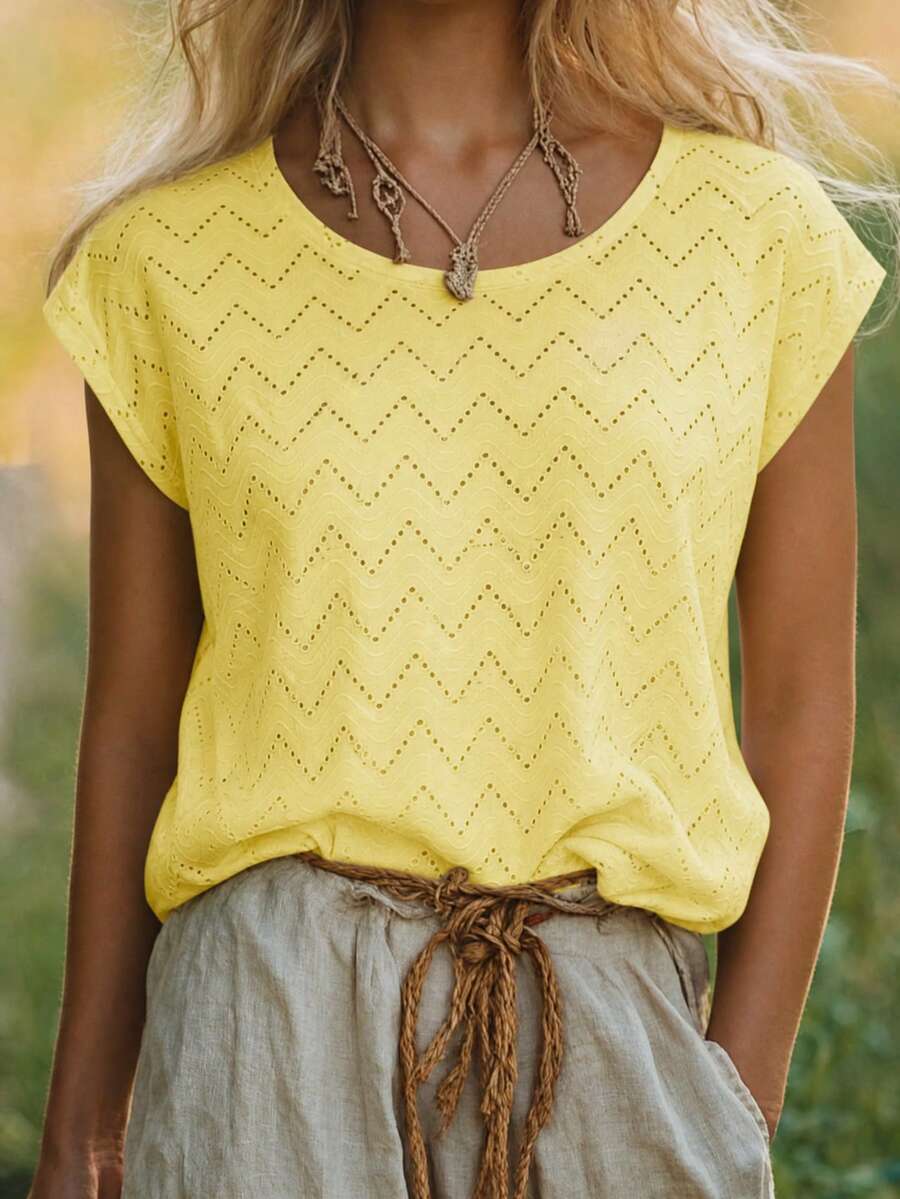 EMERY ROSE Summer Casual Solid Color Textured Wide Shoulder T-Shirt Travel Soft Yellow - Yellow - View 1