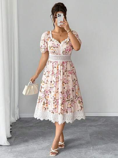 Elenzga Plus Size Women's Woven Regular Summer Elegant Vintage French Waist & Neckline Ruffle Petal Sleeve Cinched Waist Long Floral Print Dress