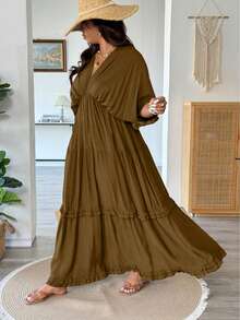 Vionelle Plus Size French Style Boho Solid Color Ruffle Trim Regular Dress, Spring/Summer Vacation Brown - Coffee Brown - View 3