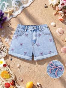 SHEIN Y2K 青少年女孩春夏新款甜美風蝴蝶結刺繡圖案口袋休閒牛仔短褲，捲邊設計，適合春夏季度假海灘時尚、波西米亞風海灘音樂會、狂歡節，適用於春夏 - 淺色水洗藍 - 查看 3