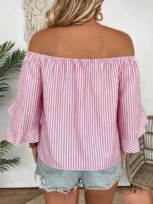 EMERY ROSE Camisa casual con hombros descubiertos y lazada, a rayas, talla grande - Rosa - Ver 2