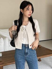 DAZY Women's Front Tie Short Sleeve Jacket Fall/Winter - Apricot - View 7