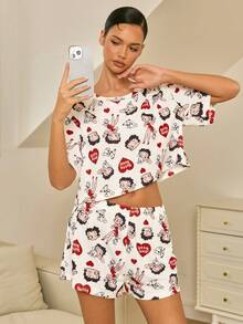 Betty Boop x SHEIN Women's Cartoon Print Short Sleeve T-Shirt And Shorts Pajama Set - White - View 3