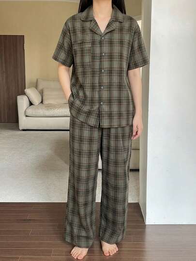 DAZY Green Plaid Short Sleeve & Pants Women's Pajama Set, Spring/Summer