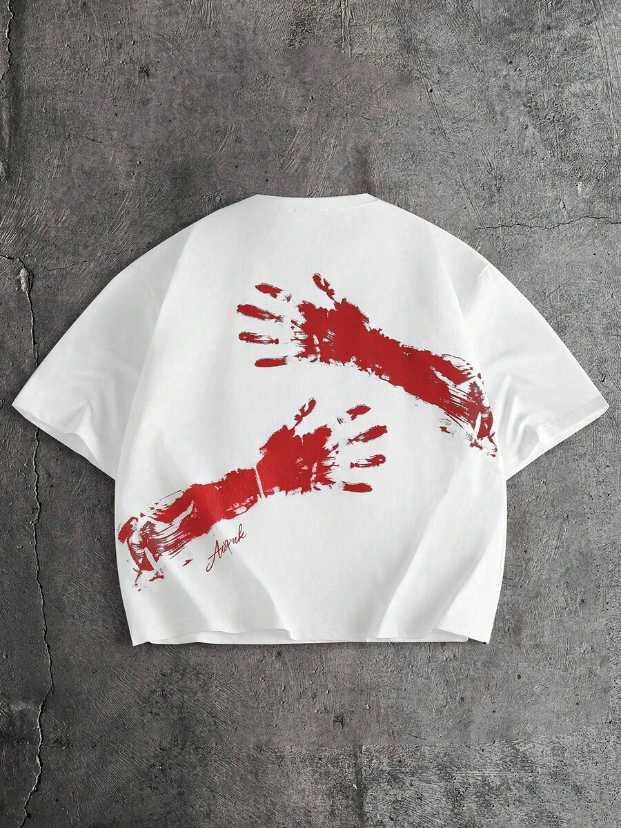 AXEPEAK Men's Casual Hand Print Pattern Round Neck Short Sleeve T-Shirt - White - View 1