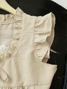 GlowEve Casual Cute Lace Patchwork Hem & Flutter Sleeve Solid Color Blouse For Women, Blue - Khaki - View 3