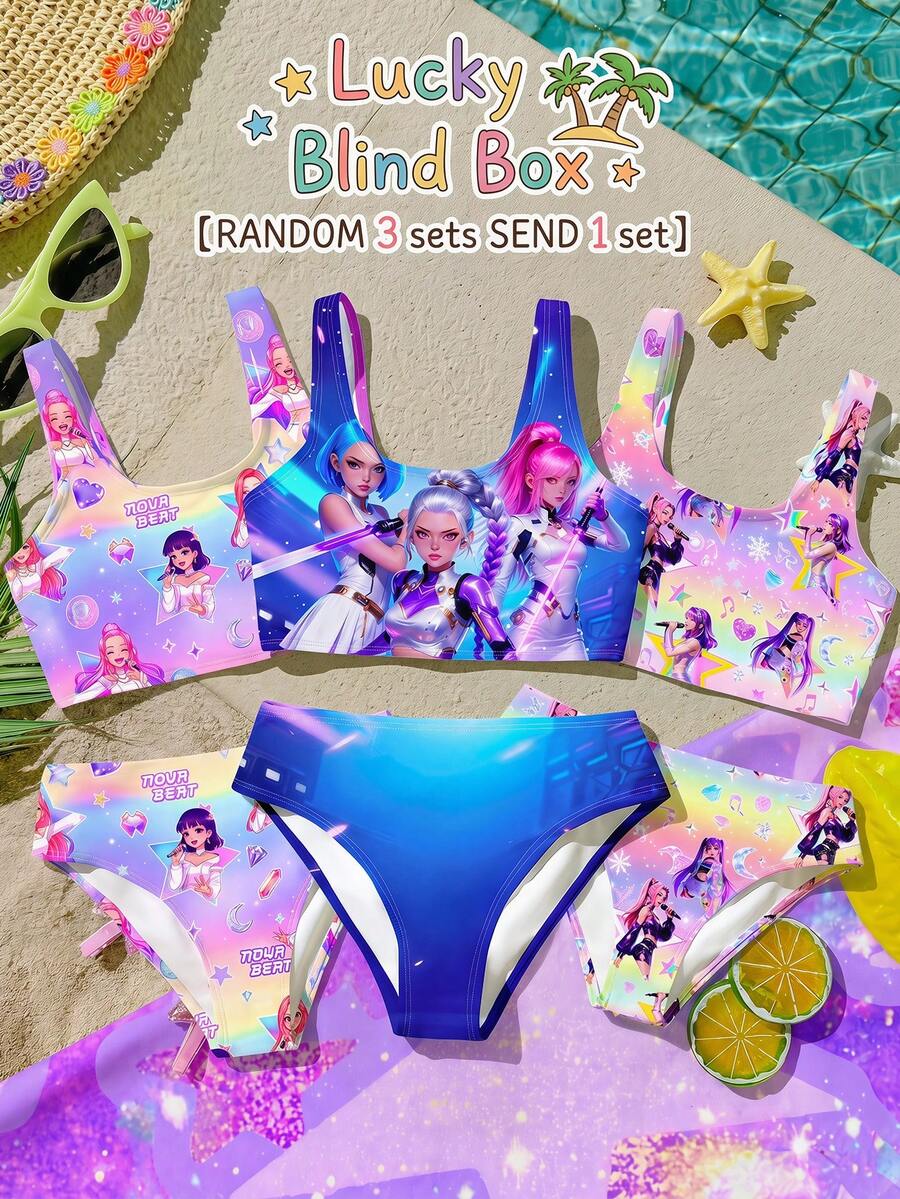 卡通女孩团体印花图案，少女休闲简约吊带泳衣套装，适合夏季穿着 - 彩色 - 查看 1