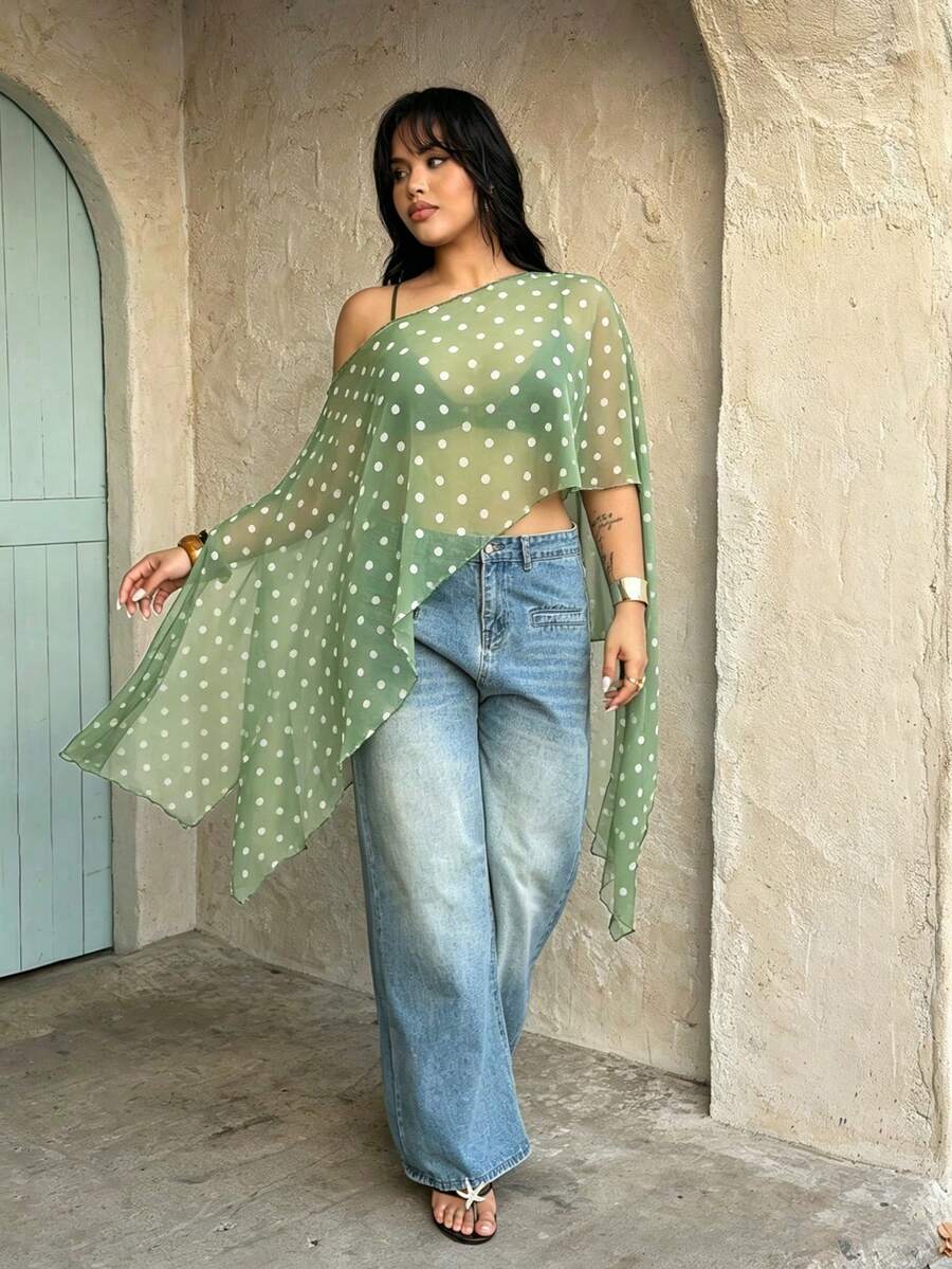 Rustia Plus Size Women's Fashionable Elegant Leopard Print Asymmetrical Asymmetric Semi-Sheer Chiffon Blouse Shawl - Green - View 1