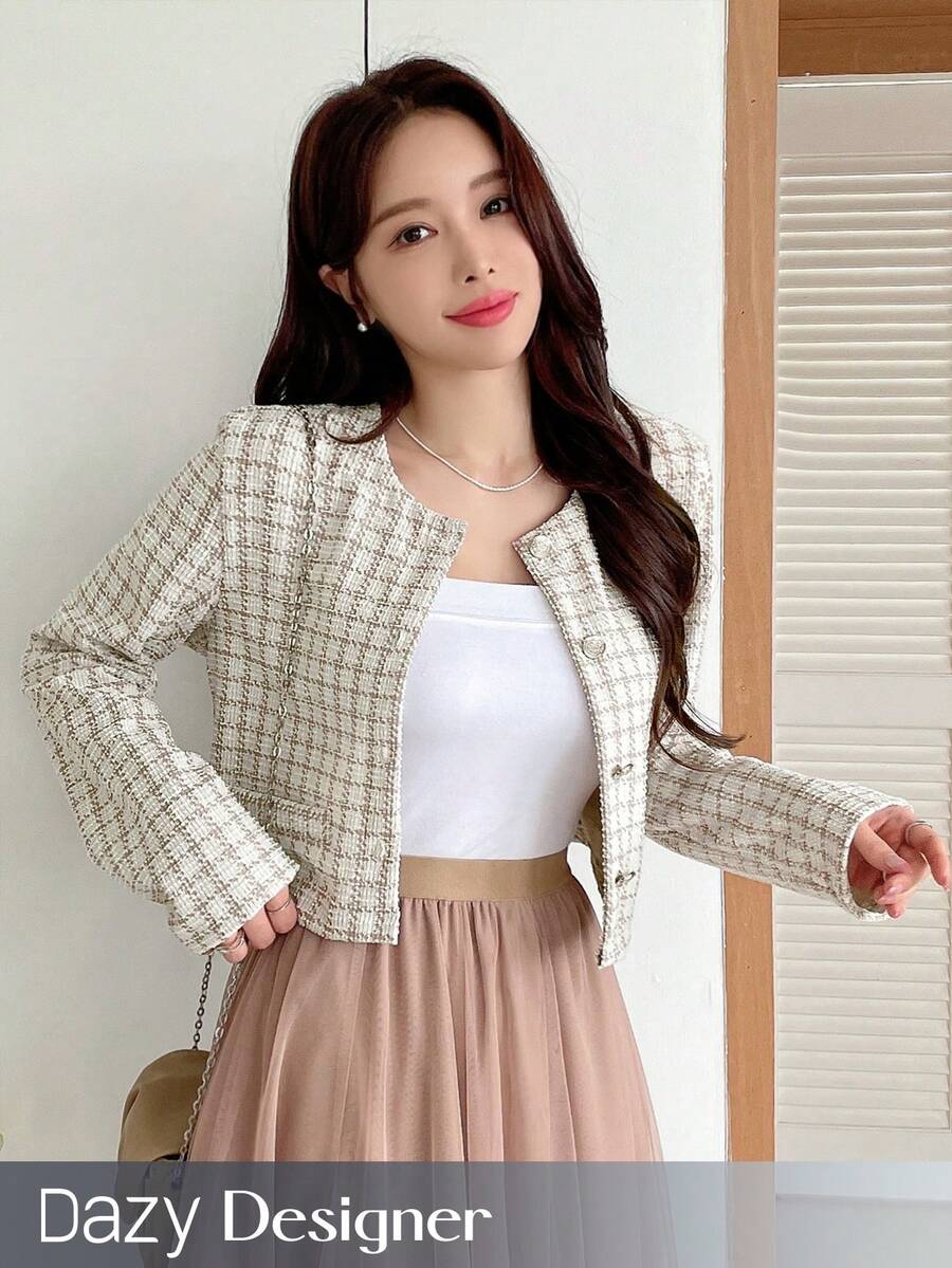 Dazy Designer Women Plaid Round Neck Short Length Long Sleeve High-End Jacket,Fall Women Clothes - Apricot - View 1