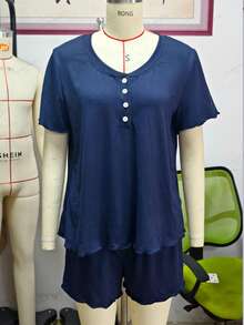 Moonlight&Mama Moonlight & Mama 海军蓝基础款休闲波浪领开襟哺乳可调节腰围孕妇家居服套装 - 藏蓝色 - 查看 7