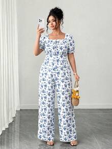 GlowEve CURVE Damen Große Größen Blümchen Taille Raffung Puffärmel Lang Jumpsuit - Weiss - Übersicht 4