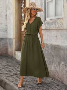 SHEIN VCAY V領半開襟紋理面料女款寬鬆短袖洋裝，適合春夏季外出與度假 - 軍綠色 - 查看 4