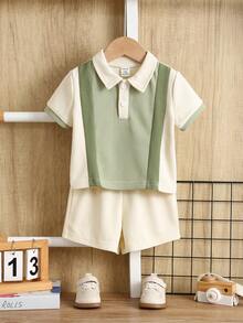 SHEIN 2件組男嬰夏季休閒拼色 Polo 衫與休閒短褲套裝，Polo 套裝，正式套裝，嬰兒套裝，夏季套裝 - 彩色 - 查看 3