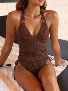 Bonvoyette Bộ đồ bơi tankini 2 mảnh màu nâu nhuộm loang, chất liệu vải gợn sóng, cổ chữ V, eo nhún, dây rút bên hông, kiểu dáng dành cho phụ nữ trung niên, mùa xuân/hè. - Cà phê nâu - Xem 4