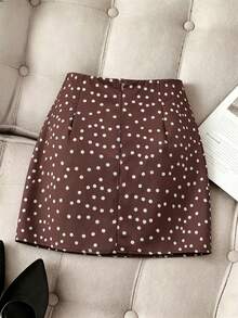 GlowEve Elegant Brown And White Polka Dot High-Waisted Midi Skirt,Summer Asymmetrical Button Decoration Pleated Bodycon Skirt,Work Casual Office - Coffee Brown - View 2