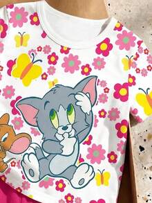 TOM & JERRY X SHEIN GraphicGems 女婴可爱卡通碎花圆领短袖T恤和紧身短裤套装 - 玫紅色 - 查看 5