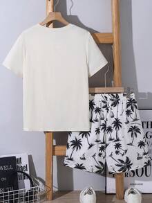 SHEIN 2件套儿童/青少年男童休闲椰子印花圆领短袖T恤和短裤套装，适合通勤、上学、日常休闲、运动、春夏穿着。 - 杏色 - 查看 4
