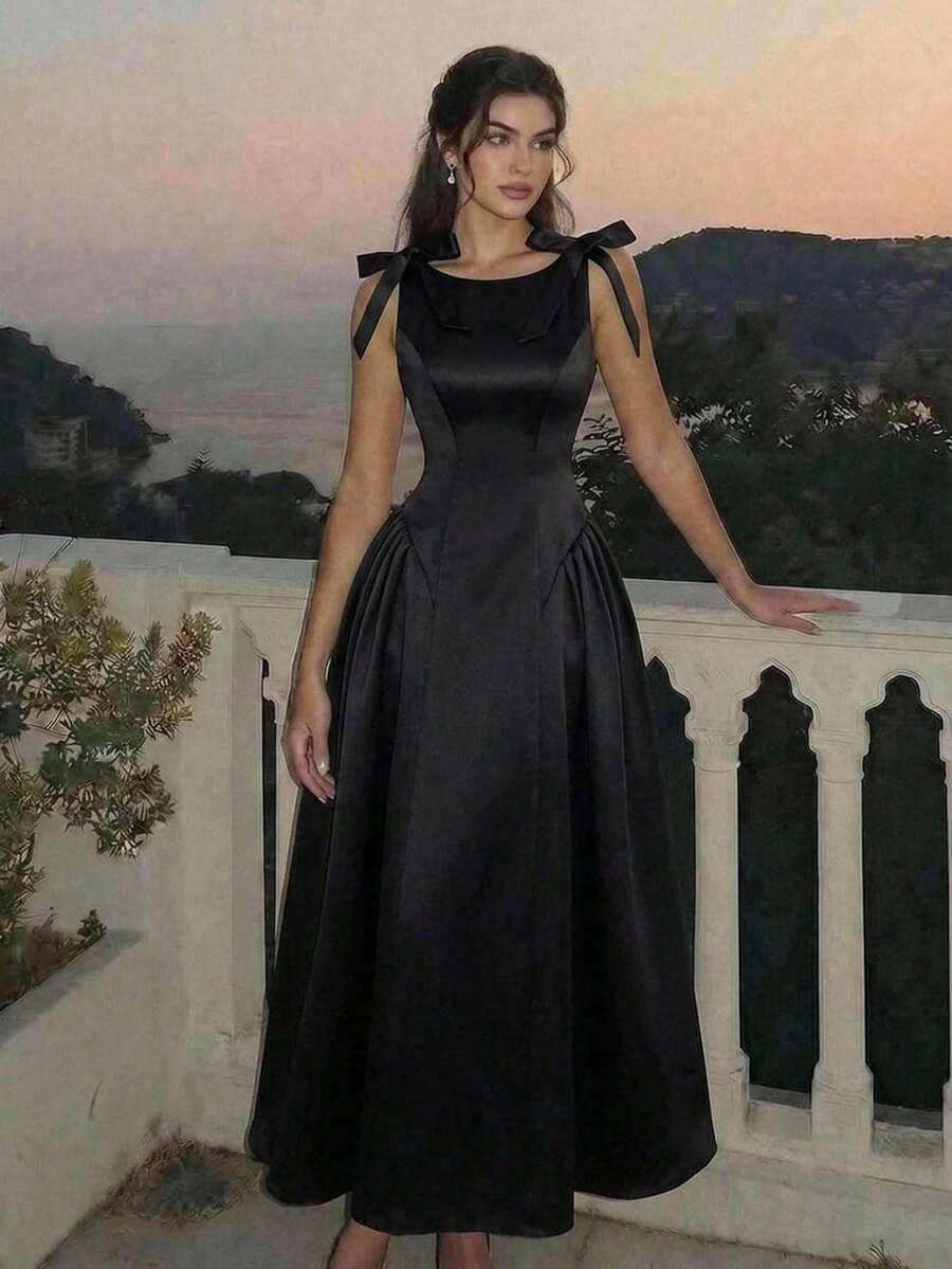 SHEIN MOD 黑色缎面长裙 - 黑色 - 查看 1
