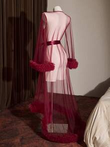 Slumberist Sexy Casual Sheer Mesh Floral Trim Sleeve Design Short Front Long Back Maxi Robe Dress Sleepwear Honeymoon Night Dark Red Summer - Burgundy - View 5