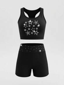 2pcs/Set Tween Girls' Star Rhinestone Black Summer Cute Active Workout Suit,Round Neck Vest&Shorts,Breathable High-Elastic Dance Gymnastics Outfit - Black - View 8