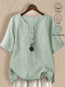 SHEIN LUNE Plus Size Women's Cotton Linen Blue And White Round Neck Front Button 3/4 Sleeve Casual Vacation Shirt Vacation Summer - Green - View 1
