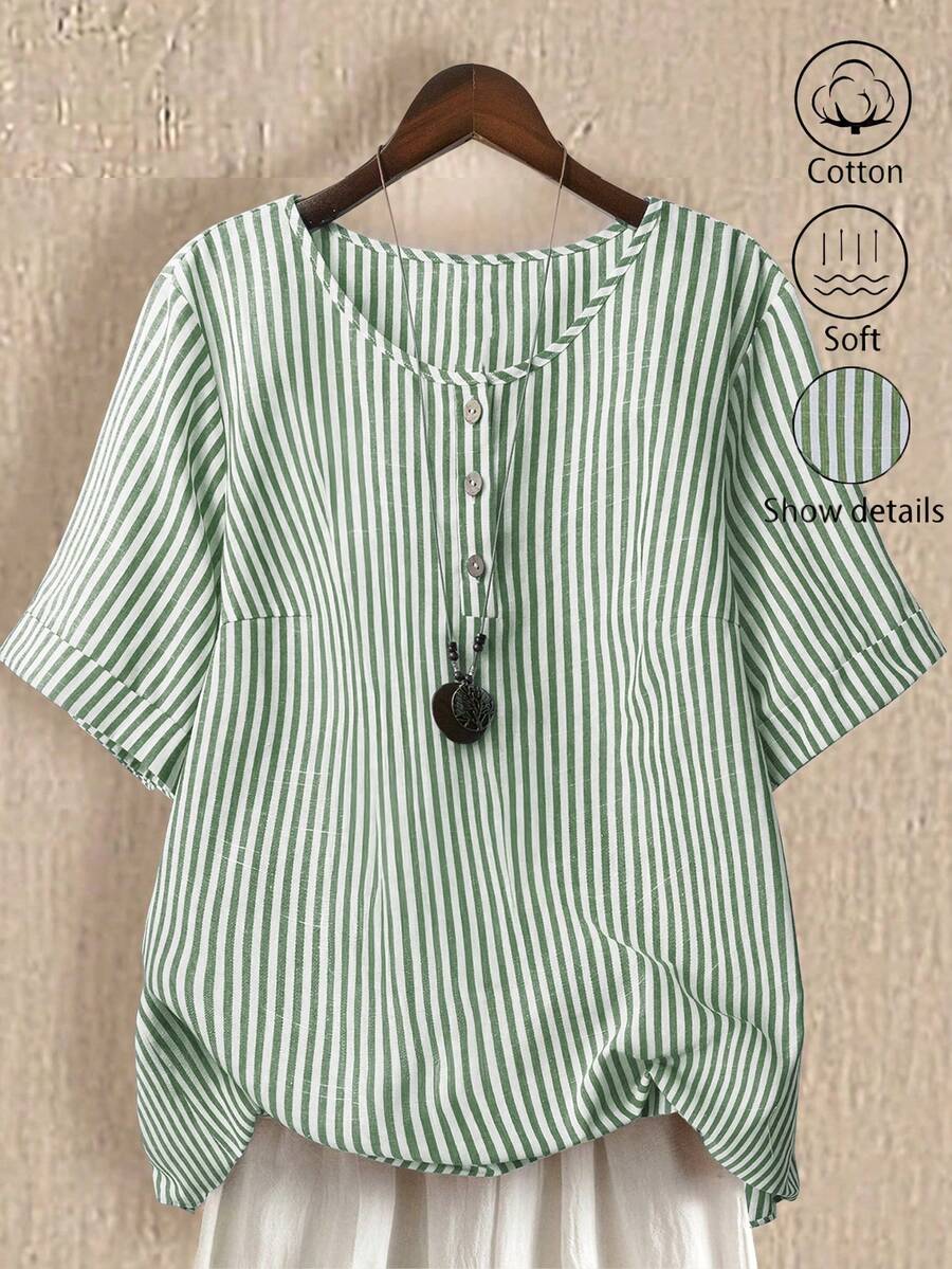 SHEIN LUNE Plus Size Women's Cotton Linen Blue And White Round Neck Front Button 3/4 Sleeve Casual Vacation Shirt Vacation Summer - Green - View 1