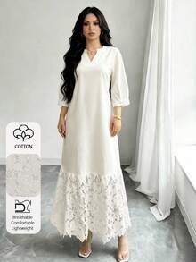 Al Najma Vestido blanco con escote en V, bordado y parches, para primavera/verano - Blanco - Ver 5