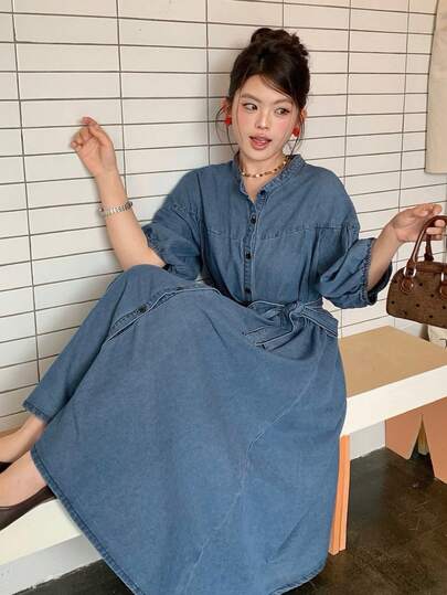 Dazy Plus Dark Washed Blue Lantern Sleeve Midi Denim Dress With Cinched Waist, Casual Style For Spring/Summer