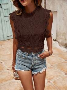 SHEIN Frenchy Blusa de mujer de verano de unicolor con parches de encaje - Marrón - Ver 4