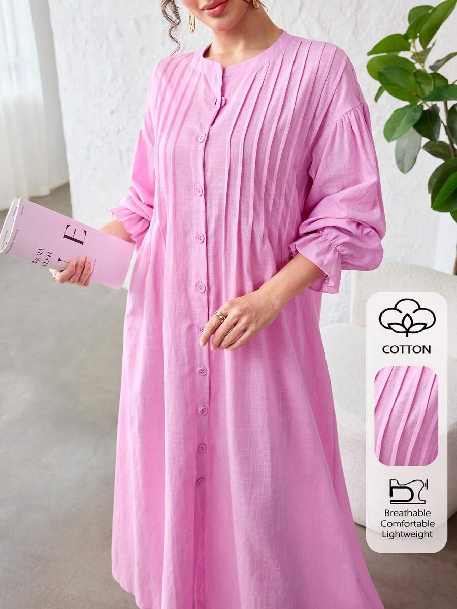 Al Najma Vestido de algodón con mangas largas, pliegues delanteros y botones de color rosa