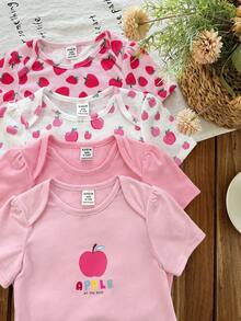 SHEIN 4pcs Baby Girl Knitted Solid Color Strawberry & Apple Pattern Casual Romper Set - Multicolor - View 4