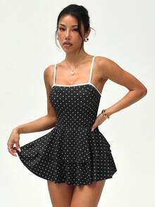 SHEIN Dewbera 女士波点印花荷叶边下摆口袋吊带运动连衣裙 - 黑色 - 查看 5