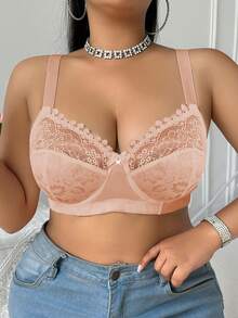 DesireSculpt 1pc Plus Size Lace Patchwork Underwire Bra - Apricot - View 4