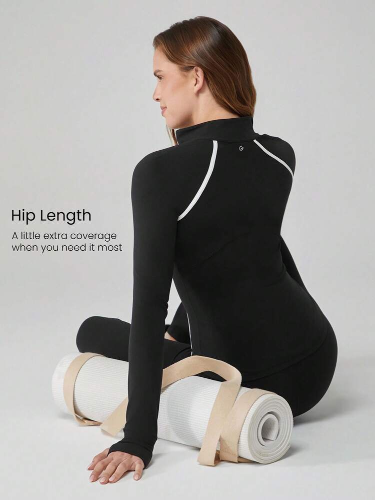FeatherFit™ True Potential Slim Fit Contrast Strip Jacket With Thumbholes Side Pockets Low Impact Yoga Pilates Studio Daily Casual Wear