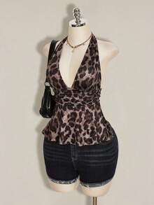SHEIN ICON Women's Leopard Print Halter Backless Tight Crop Top, Summer Streetwear,Summer Top - Multicolor - View 6