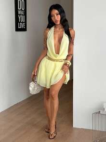 Coolane Looks de férias de verão para mulheres, looks de praia, férias tropicais, festa, estilo vintage chique, vestido curto amarelo claro com decote halter. - Ganso amarelo - Ver 5