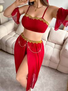 Fantasy Costume Fantasy Costume 5件套女士性感西部牛仔金属流苏抹胸高开衩长裙带面纱内衣套装 - 酒紅色 - 查看 4