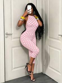 BamGleam Tight-Fitting Milk Silk Elastic Fabric Bright Color Polka Dot Print Halter Tie-Up Backless Sleeveless Capri Pants Casual Fashionable Women Jumpsuit - Pink - View 2