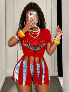 BamGleam Motorcycle Letter Print Cropped T-Shirt With Wing Hem Tassel - Red - View 8