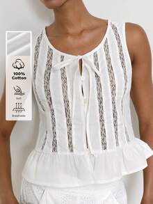 Maija Débardeur décontracté pour femmes, blanc, d'été, élégant, avec dentelle contrastée, nœud devant, ourlet à volants, pour tea party, vacances à la plage, style campagnard - Blanc - Voir 5