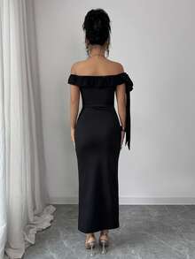 Arcane Artistry Plus Size Elegant Solid Color Off Shoulder High Slit Dress, Summer Gym Brown - Black - View 2