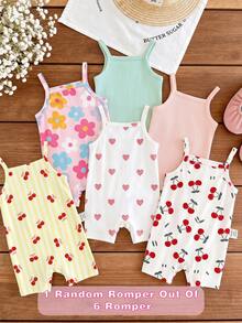 [Random 6pcs,Send 1pc] Baby Girl Cute Summer Strap Romper,Multicolor Cherry Floral Heart Striped Print Pattern,Kawaii Korean Style Family Matching - Multicolor - View 3