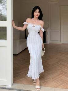 Modelyn Đầm ren trắng trễ vai, viền jacquard, ôm eo, kiểu Pháp thanh lịch, thích hợp cho kỳ nghỉ/dạ hội dành cho nữ, dài ngang gối. - trắng - Xem 8