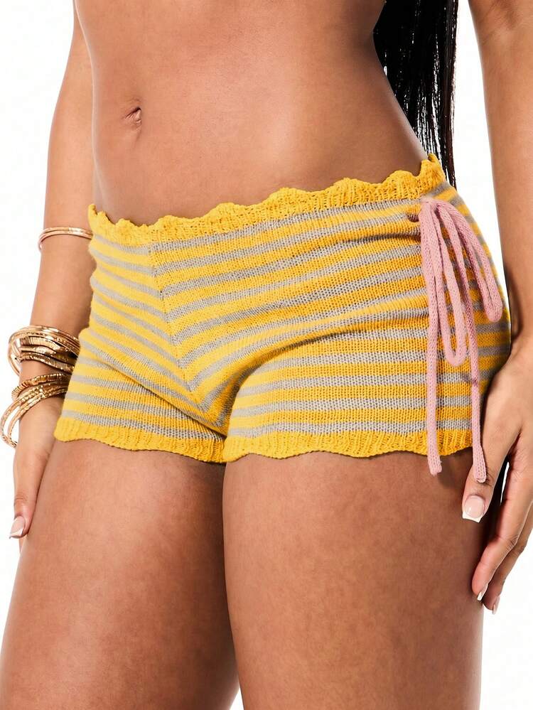 SUMWON WOMEN Crochet Striped Booty Shorts With Scalloped Hem And Side Tie Detail Summer Beach Cover Up