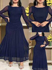 Feyla Plus Size Women Solid Color Contrast Mesh Ruffle Elegant Dress Wedding Gym Navy Blue Autumn Fall - Navy Blue - View 8