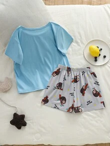 2件組青少年女孩睡衣套裝，夏季淡藍色可愛卡通考拉動物印花居家休閒服，短袖圓領針織家居服套裝 - 藍白色 - 查看 2