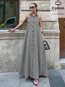 Siren Gaze Elegant Sexy Tropical Casual Black And White Checkered Plaid Cotton Dress Halter Backless Summer 90s Retro Long Vacation Holiday Gingham Button Party - Black and White - View 4