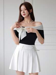 DAZY Women's Off Shoulder Contrast Color Bow Decor Fitted Short Sleeve T-Shirt Cute Tops,Crop Tops Women Going Out Tops - Black and White - View 4
